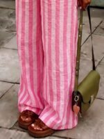 Elorivane Women Blue & White Striped Woven Wide Leg Beach Pants, Casual Spring Summer Trousers - Image 22