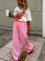 Elorivane Women Blue & White Striped Woven Wide Leg Beach Pants, Casual Spring Summer Trousers - Image 19
