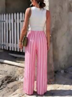 Elorivane Women Blue & White Striped Woven Wide Leg Beach Pants, Casual Spring Summer Trousers - Image 21