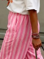 Elorivane Women Blue & White Striped Woven Wide Leg Beach Pants, Casual Spring Summer Trousers - Image 23