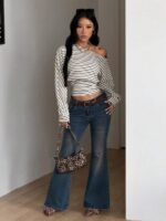Elorivane Women Green Striped Asymmetrical Shoulder Top, Stretchy Long Sleeve Y2K Streetwear Tee - Image 22