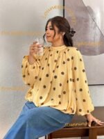 Elorivane Plus Size Polka Dot Blouse, Back Knot Lantern Sleeve Elegant Top, Fall Winter Office Vacation Wear - Image 8