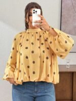 Elorivane Plus Size Polka Dot Blouse, Back Knot Lantern Sleeve Elegant Top, Fall Winter Office Vacation Wear - Image 2