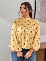 Elorivane Plus Size Polka Dot Blouse, Back Knot Lantern Sleeve Elegant Top, Fall Winter Office Vacation Wear - Image 3