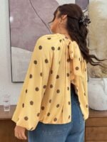 Elorivane Plus Size Polka Dot Blouse, Back Knot Lantern Sleeve Elegant Top, Fall Winter Office Vacation Wear - Image 4