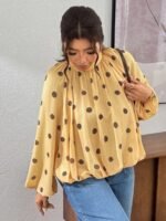 Elorivane Plus Size Polka Dot Blouse, Back Knot Lantern Sleeve Elegant Top, Fall Winter Office Vacation Wear - Image 5