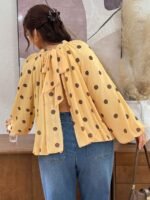 Elorivane Plus Size Polka Dot Blouse, Back Knot Lantern Sleeve Elegant Top, Fall Winter Office Vacation Wear - Image 7
