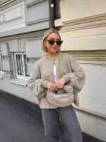 Elorivane French Elegant Oatmeal Knit Cardigan, Vintage Lantern Sleeve Fall Sweater Jacket - Image 6