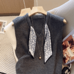 Elorivane Women's Grey V-Neck Knit Vest With Scarf Decoration | Commuter Elegant Sleeveless Sweater Vest Fall
