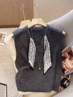 Elorivane Women's Grey V-Neck Knit Vest With Scarf Decoration | Commuter Elegant Sleeveless Sweater Vest Fall