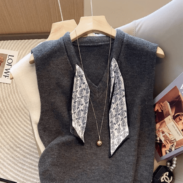 Elorivane Women's Grey V-Neck Knit Vest With Scarf Decoration | Commuter Elegant Sleeveless Sweater Vest Fall