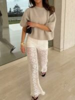 Elorivane French Elegant Oatmeal Knit Top | Vintage Short Sleeve Loose Pullover, Old Money Aesthetic Summer