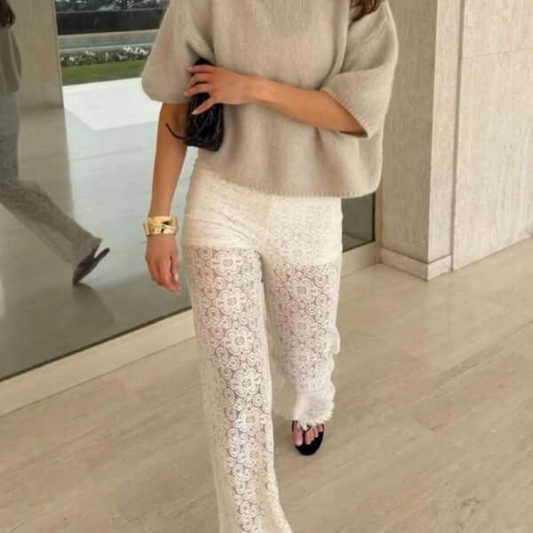 Elorivane French Elegant Oatmeal Knit Top | Vintage Short Sleeve Loose Pullover, Old Money Aesthetic Summer