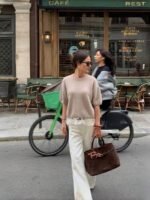Elorivane French Elegant Oatmeal Knit Top | Vintage Short Sleeve Loose Pullover, Old Money Aesthetic Summer - Image 3