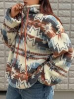 Elorivane Plus Size Floral Sweatshirt, Stand Collar Half-Open Placket Loose Fleece Autumn Winter Vacation Streetwear Top