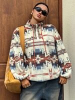 Elorivane Plus Size Floral Sweatshirt, Stand Collar Half-Open Placket Loose Fleece Autumn Winter Vacation Streetwear Top - Image 3