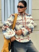 Elorivane Plus Size Floral Sweatshirt, Stand Collar Half-Open Placket Loose Fleece Autumn Winter Vacation Streetwear Top - Image 4
