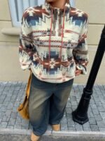 Elorivane Plus Size Floral Sweatshirt, Stand Collar Half-Open Placket Loose Fleece Autumn Winter Vacation Streetwear Top - Image 6