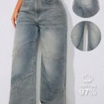 Elorivane Women's Vintage Washed Low-Waist Wide-Leg Jeans, Curved Hem Vacation Denim