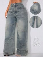 Elorivane Women's Vintage Washed Low-Waist Wide-Leg Jeans, Curved Hem Vacation Denim