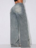 Elorivane Women's Vintage Washed Low-Waist Wide-Leg Jeans, Curved Hem Vacation Denim - Image 2