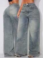 Elorivane Women's Vintage Washed Low-Waist Wide-Leg Jeans, Curved Hem Vacation Denim - Image 3