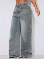 Elorivane Women's Vintage Washed Low-Waist Wide-Leg Jeans, Curved Hem Vacation Denim - Image 4