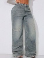 Elorivane Women's Vintage Washed Low-Waist Wide-Leg Jeans, Curved Hem Vacation Denim - Image 5