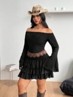 Elorivane Women Plus Size White Lace Mini Dress, Off Shoulder Long Sleeve Ruffle Boho Fairycore Fall Winter Dress - Image 12