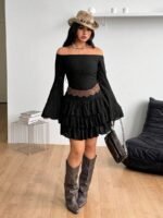 Elorivane Women Plus Size White Lace Mini Dress, Off Shoulder Long Sleeve Ruffle Boho Fairycore Fall Winter Dress - Image 13