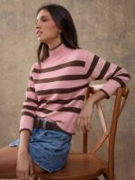 Elorivane Women Brown & Cream Striped Turtleneck Sweater, Long Sleeve Relaxed Country Style Fall Winter Rodeo Top - Image 24