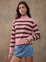 Elorivane Women Brown & Cream Striped Turtleneck Sweater, Long Sleeve Relaxed Country Style Fall Winter Rodeo Top - Image 27
