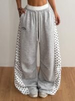 Elorivane Women Grey Polka Dot Panel Cargo Sweatpants, Knit Wide Leg Y2K Streetwear Joggers - Image 6