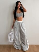 Elorivane Women Grey Polka Dot Panel Cargo Sweatpants, Knit Wide Leg Y2K Streetwear Joggers - Image 2