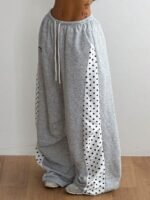 Elorivane Women Grey Polka Dot Panel Cargo Sweatpants, Knit Wide Leg Y2K Streetwear Joggers