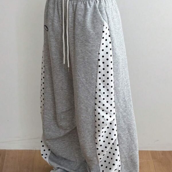 Elorivane Women Grey Polka Dot Panel Cargo Sweatpants, Knit Wide Leg Y2K Streetwear Joggers