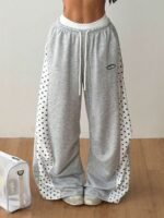 Elorivane Women Grey Polka Dot Panel Cargo Sweatpants, Knit Wide Leg Y2K Streetwear Joggers - Image 5