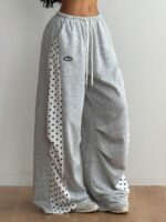 Elorivane Women Grey Polka Dot Panel Cargo Sweatpants, Knit Wide Leg Y2K Streetwear Joggers - Image 3