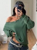 Elorivane Women Sage Green Asymmetrical Shoulder Sweatshirt, Eyelet Decor Casual Streetwear Top - Image 2
