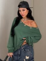 Elorivane Women Sage Green Asymmetrical Shoulder Sweatshirt, Eyelet Decor Casual Streetwear Top - Image 4