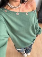 Elorivane Women Sage Green Asymmetrical Shoulder Sweatshirt, Eyelet Decor Casual Streetwear Top - Image 3