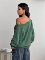 Elorivane Women Sage Green Asymmetrical Shoulder Sweatshirt, Eyelet Decor Casual Streetwear Top - Image 5