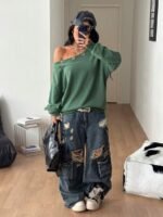 Elorivane Women Sage Green Asymmetrical Shoulder Sweatshirt, Eyelet Decor Casual Streetwear Top - Image 6