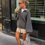 Elorivane French Vintage Grey Sweater | Retro Preppy Polo Collar Oversized Lantern Sleeve Knit Pullover