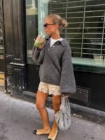 Elorivane French Vintage Grey Sweater | Retro Preppy Polo Collar Oversized Lantern Sleeve Knit Pullover