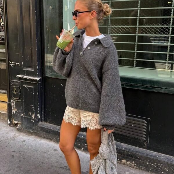 Elorivane French Vintage Grey Sweater | Retro Preppy Polo Collar Oversized Lantern Sleeve Knit Pullover