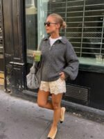 Elorivane French Vintage Grey Sweater | Retro Preppy Polo Collar Oversized Lantern Sleeve Knit Pullover - Image 5