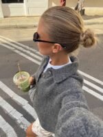 Elorivane French Vintage Grey Sweater | Retro Preppy Polo Collar Oversized Lantern Sleeve Knit Pullover - Image 6