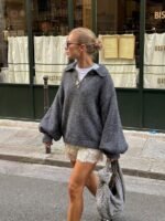 Elorivane French Vintage Grey Sweater | Retro Preppy Polo Collar Oversized Lantern Sleeve Knit Pullover - Image 2