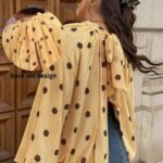 Elorivane Plus Size Polka Dot Blouse, Back Knot Lantern Sleeve Elegant Top, Fall Winter Office Vacation Wear